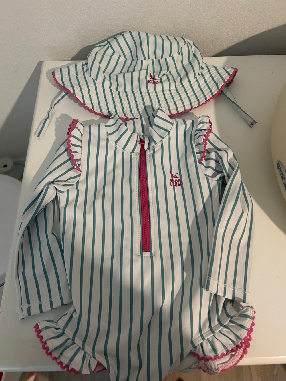Eddie Bauer White and Teal Striped Girls Rash Guard with Pink Trim and Sun Hat